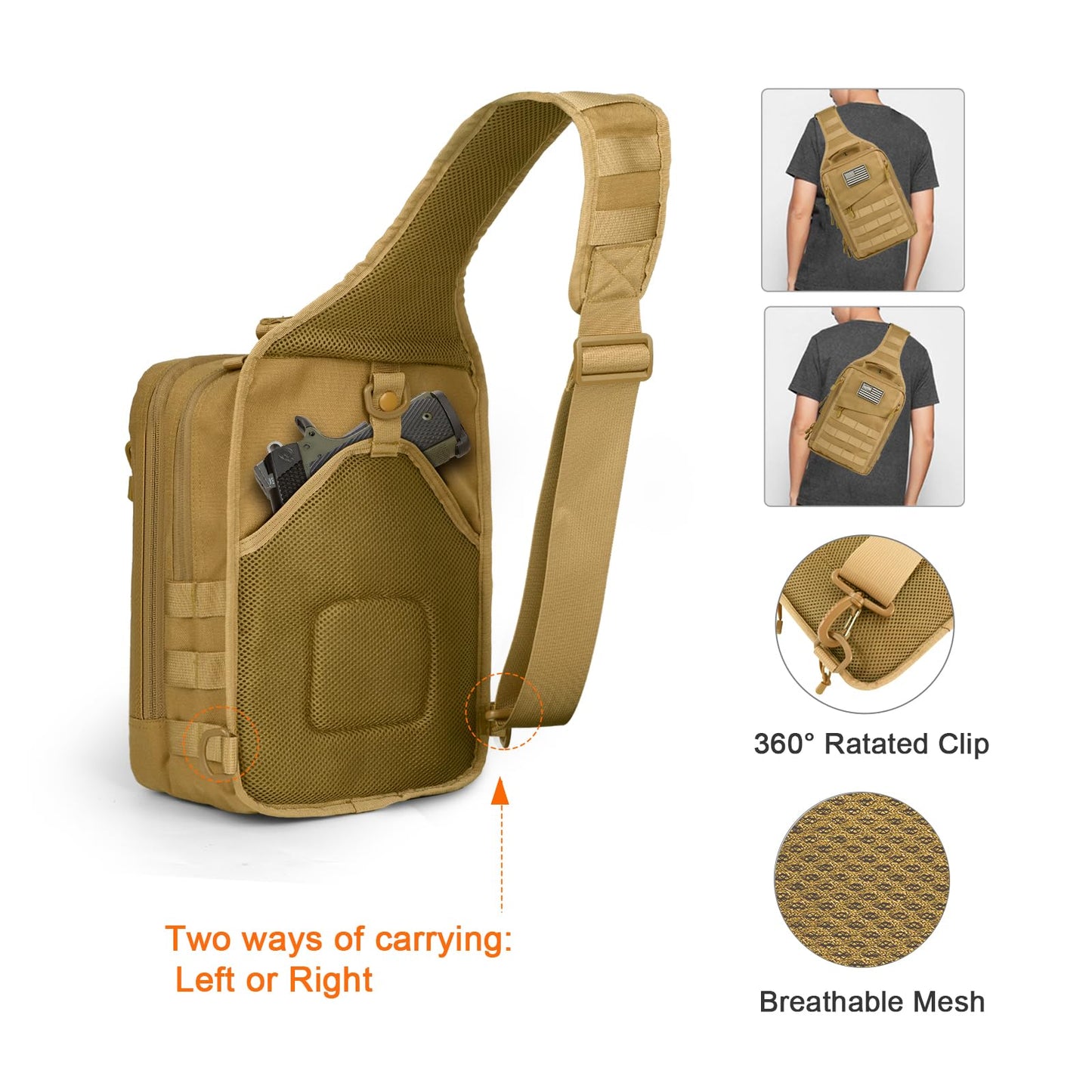 hopopower Tactical Sling Bag for Men Military Shoulder Backpack Range Bag Sport Fishing Bag Pack Small Utility Backpack Crossbody Chest Bag for Every Day Carry, Khaki