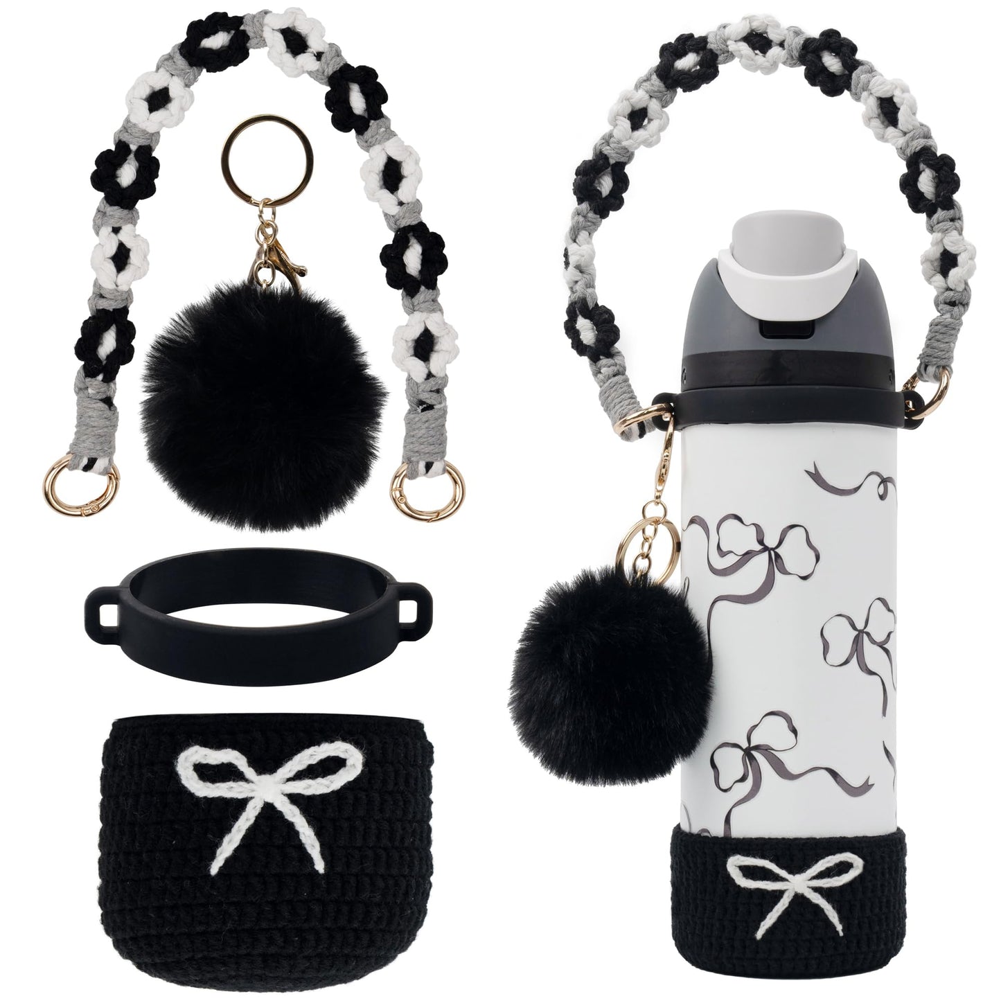 Kaitiaki Crochet Boot Set for Owala Water Bottle 24 oz - Anti-Slip Sleeve, Water Bottle Handle Strap & Crochet Handle, Fits Owala Tumbler, Perfect Owala Accessories (Black, 24 oz)