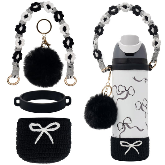 Kaitiaki Crochet Boot Set for Owala Water Bottle 24 oz - Anti-Slip Sleeve, Water Bottle Handle Strap & Crochet Handle, Fits Owala Tumbler, Perfect Owala Accessories (Black, 24 oz)
