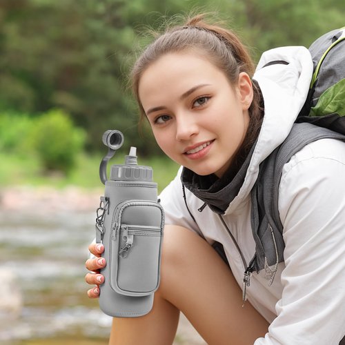 Noxgifix Water Bottle Holder with Strap,Water Bottle Bag,32/40 oz Large Capacity,Adjustable Shoulder Hand Strap,2 Phone Pocket Water Bottle Holder,Water Bottle Accessories for Camping Running Walking