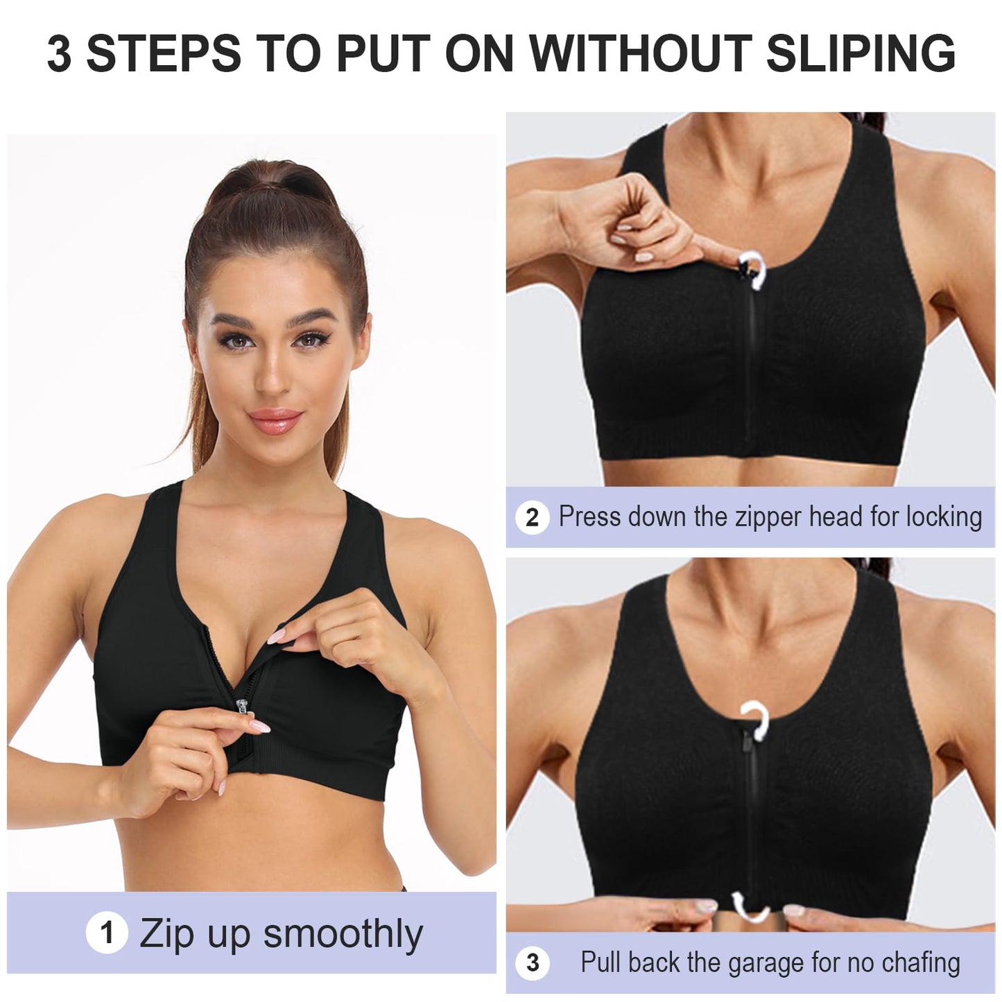 Women's Zip Front Sports Bra - Wireless, Padded, Post-Surgery Zipper Front Racerback Workout Yoga Gym Bra Top 2 Pack
