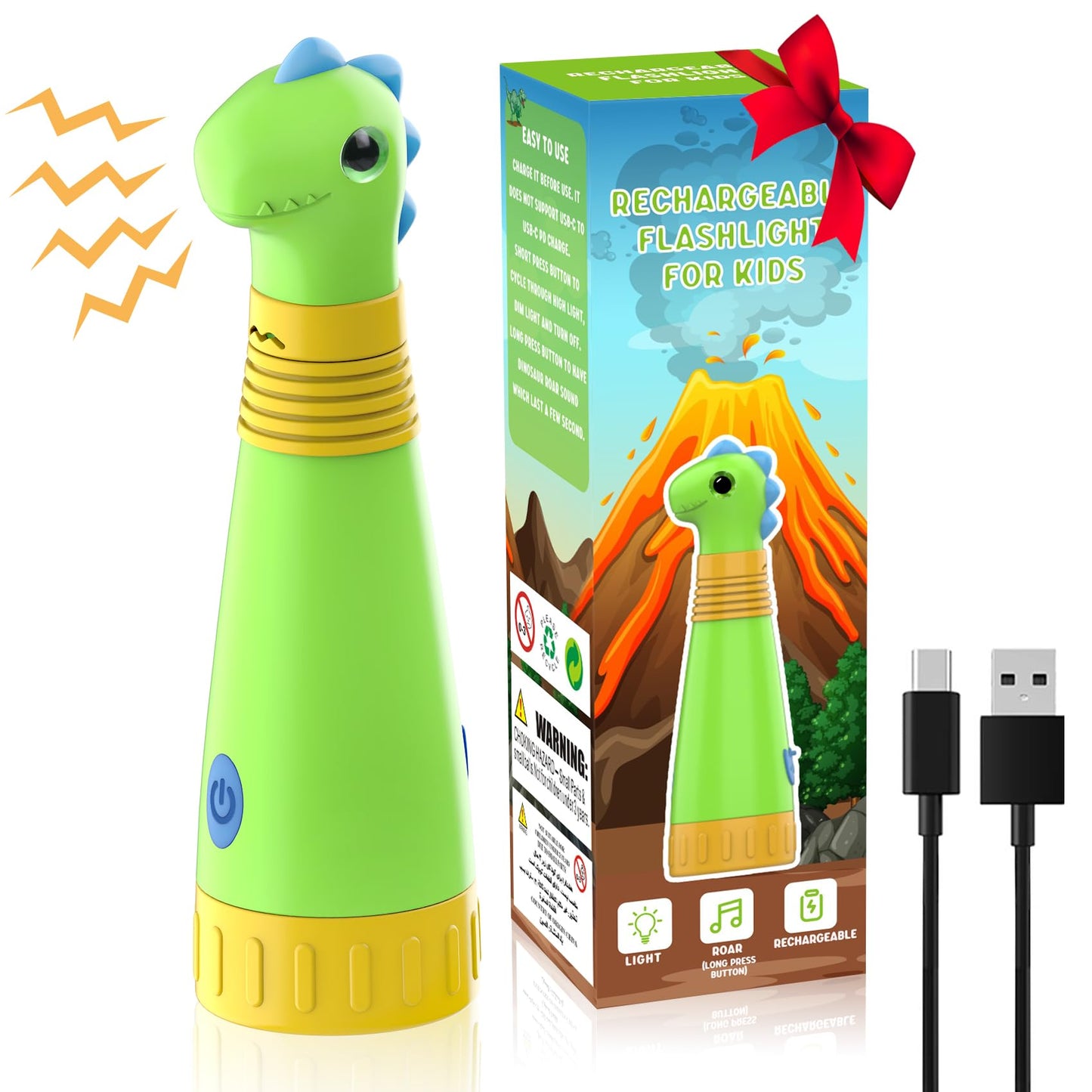 AUKSKY Rechargeable Dinosaur Flashlight with Roar for Kids, Kids Flashlight Camping Gear Handheld Flashlight for Kids, Halloween Christmas Lights for Boys Girls, Dino Kid Lantern