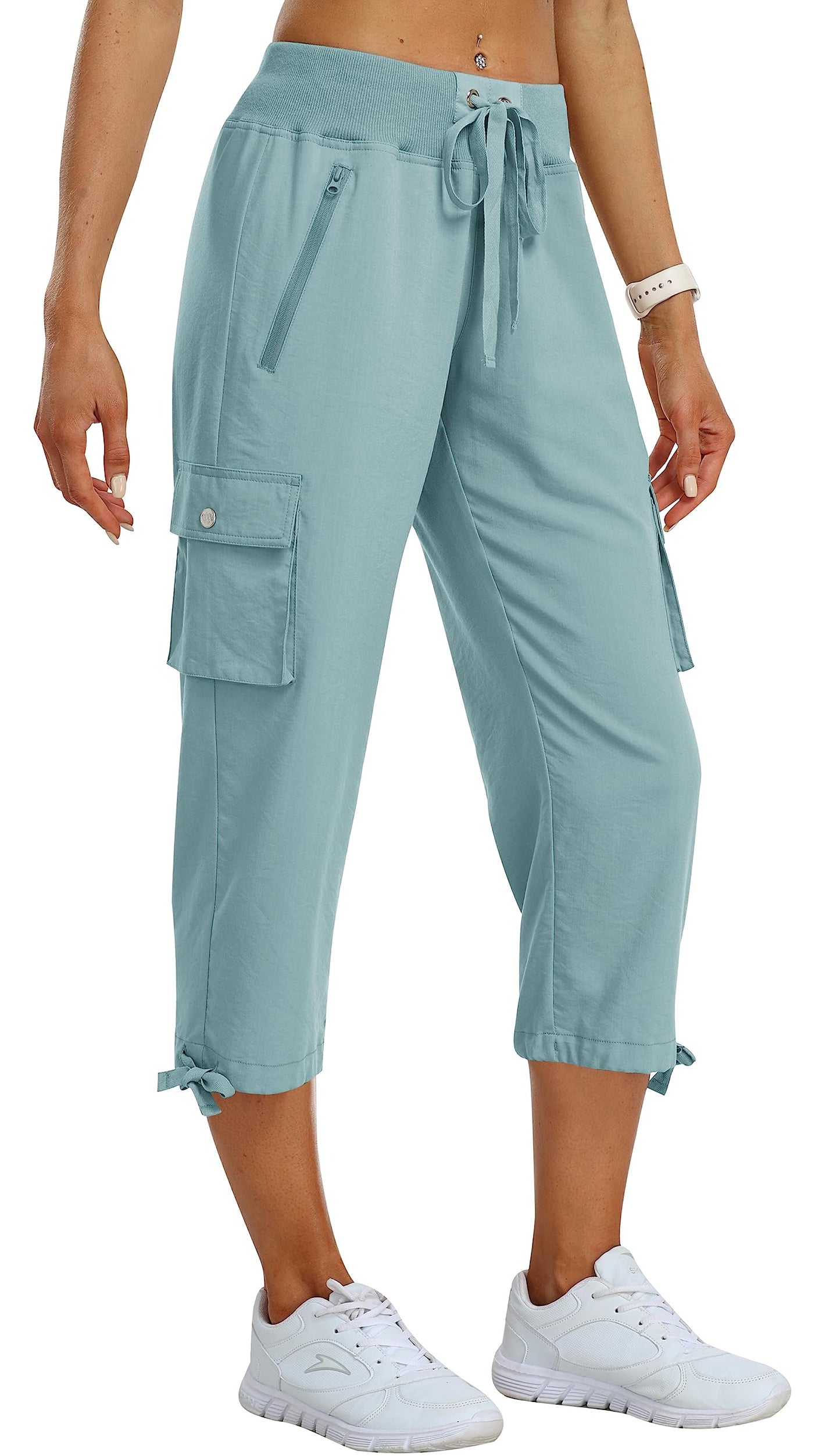 MoFiz Capris for Women Cargo Hiking Pants Lightweight Quick Dry Running Athletic Workout Casual Outdoor Pants with Pockets Grey Blue XL