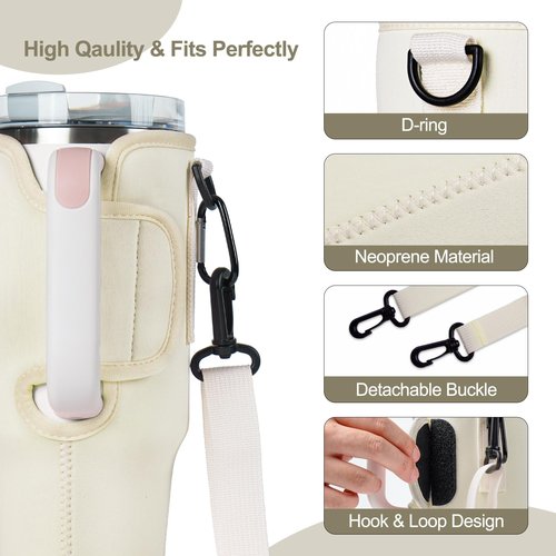 Royacon Water Bottle Carrier Bag with Pouch Pocket for Stanley Cup 40 Oz Tumbler, Neoprene Cup Carrier Holder Water Bottle Holder Pouch with Adjustable Strap & Carabiner for Stanley Cup Accessories
