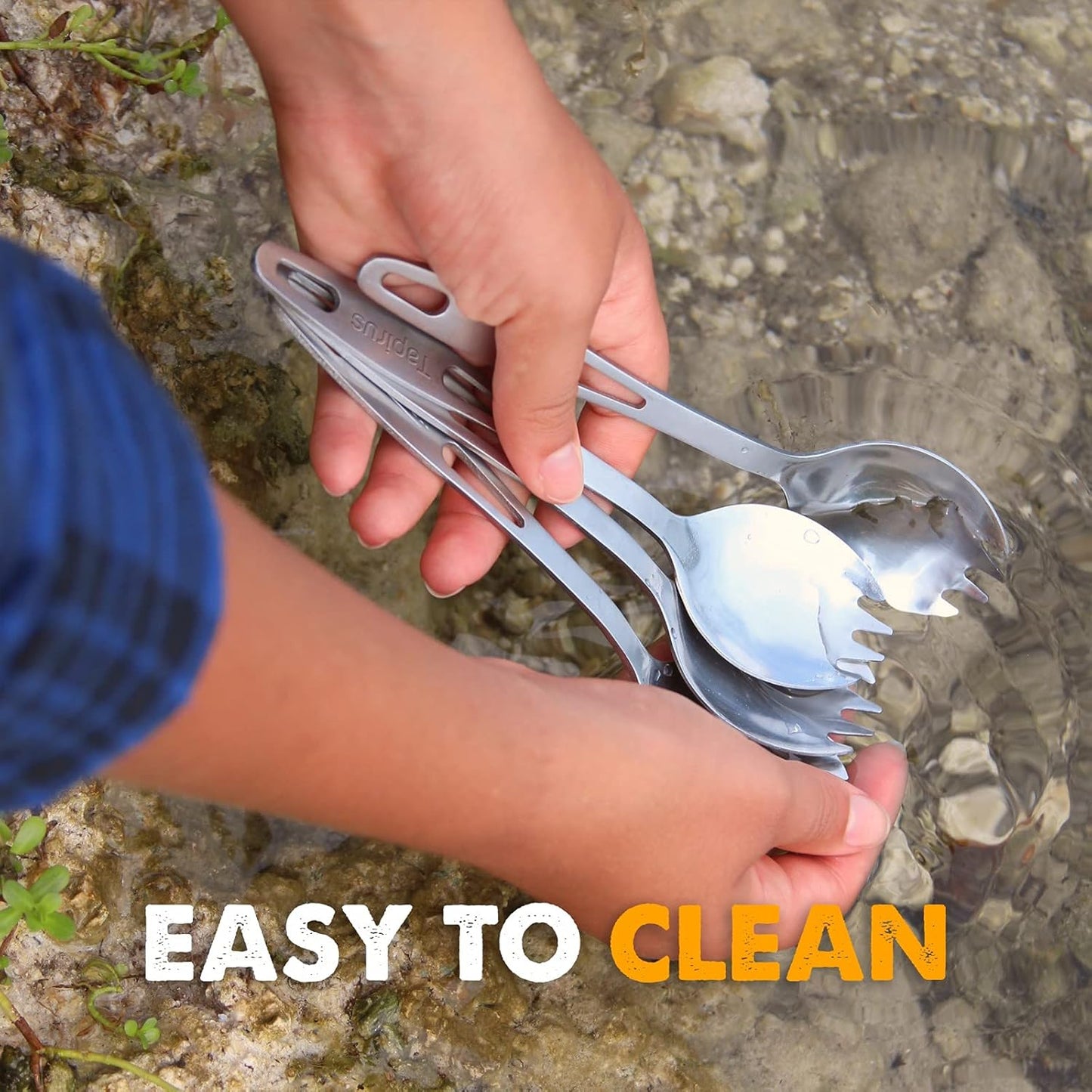 Tapirus Stainless Steel Classic Sporks Set of 4 - Save Space When Camping, Hiking or Backpacking - Heavy Duty Fire Proof Metal Tool - Long Handle, Reusable and Extra Light for Travel - with Case
