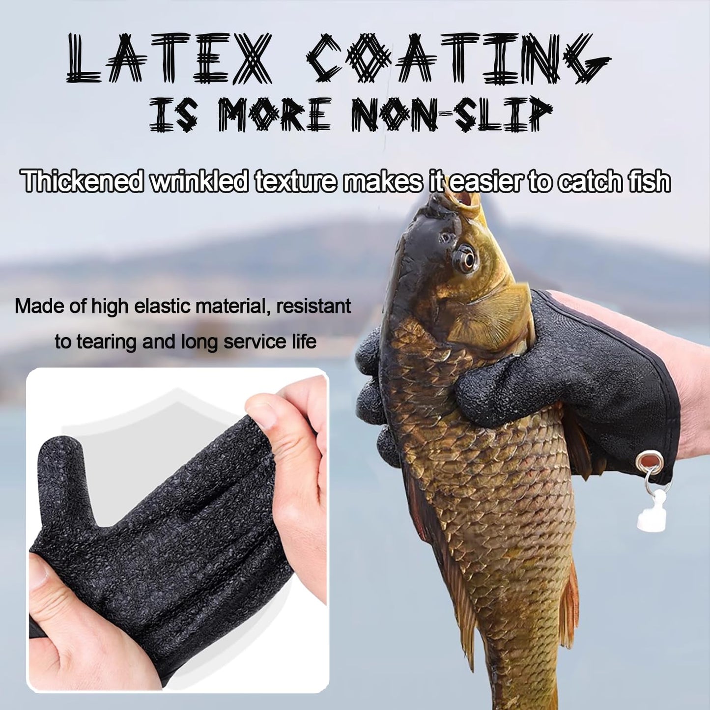 2Pcs Fishing Gloves with Magnet Release, Professional Anti-Slip Catch Fish Gloves for Women Men, Puncture Proof Ice Fishing Glove for Handling,Catching, Fisherman Fishing Accessories (Black)
