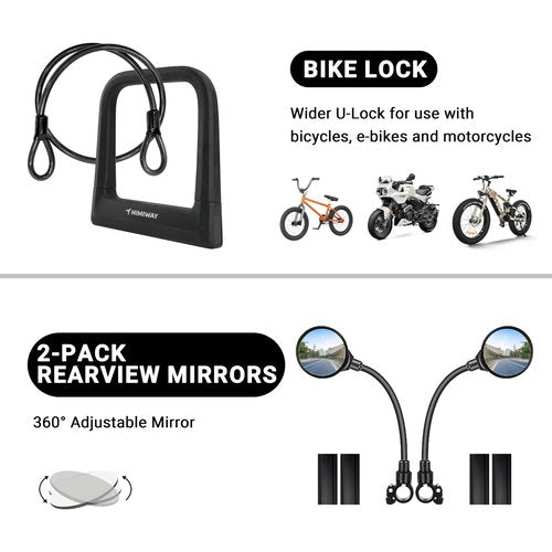Himiway 12 in 1 Bicycle Accessories Gift Pack Include Bike Lock/Bag/Phone Holder/Speaker/Water Bottle Holder/Pump/Headlight/Taillight with Alarm/Cover/Basket/Spoke Light/Mirrors