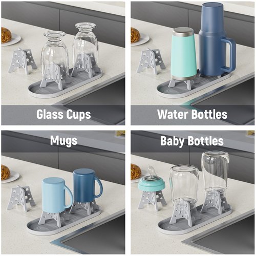 NiHome Silicone Water Bottle Drying Racks, Bottle Dryer Racks Fit for Stanley YETI Cups Owala Sport Bottles, Cheese Style for Faster Drying, Baby Bottles Thermoses Mugs, Set of 3 with Drip Tray (Gray)
