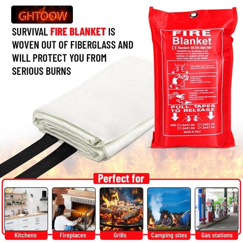 GHTOOW Fire Blanket - Fiberglass Lightweight Fire Suppression Blanket, Ideal for Emergency Fire Blankets Use in Home, Kitchen or Caravan - Non-Expiring, Easy to Use with Protective Bag and Gloves