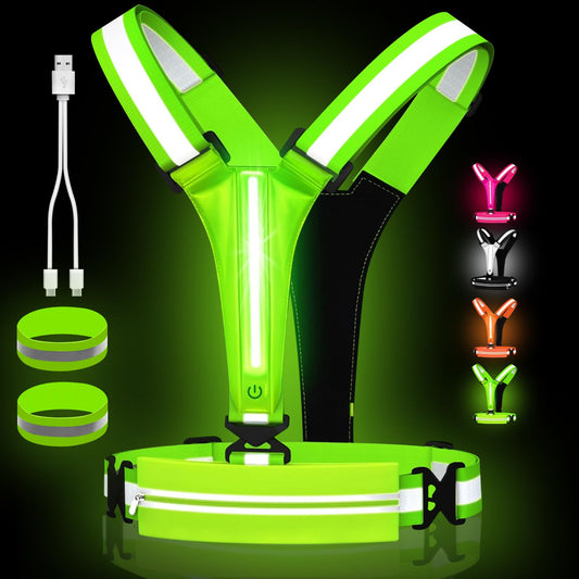 JZ LED Reflective Vest Running Gear-Reflective Vest for Walking at Night, High Visibility Night Running-Rechargeable Adjustable Led Light Up Running Vest with Armband for Runners Walkers Men (Green)