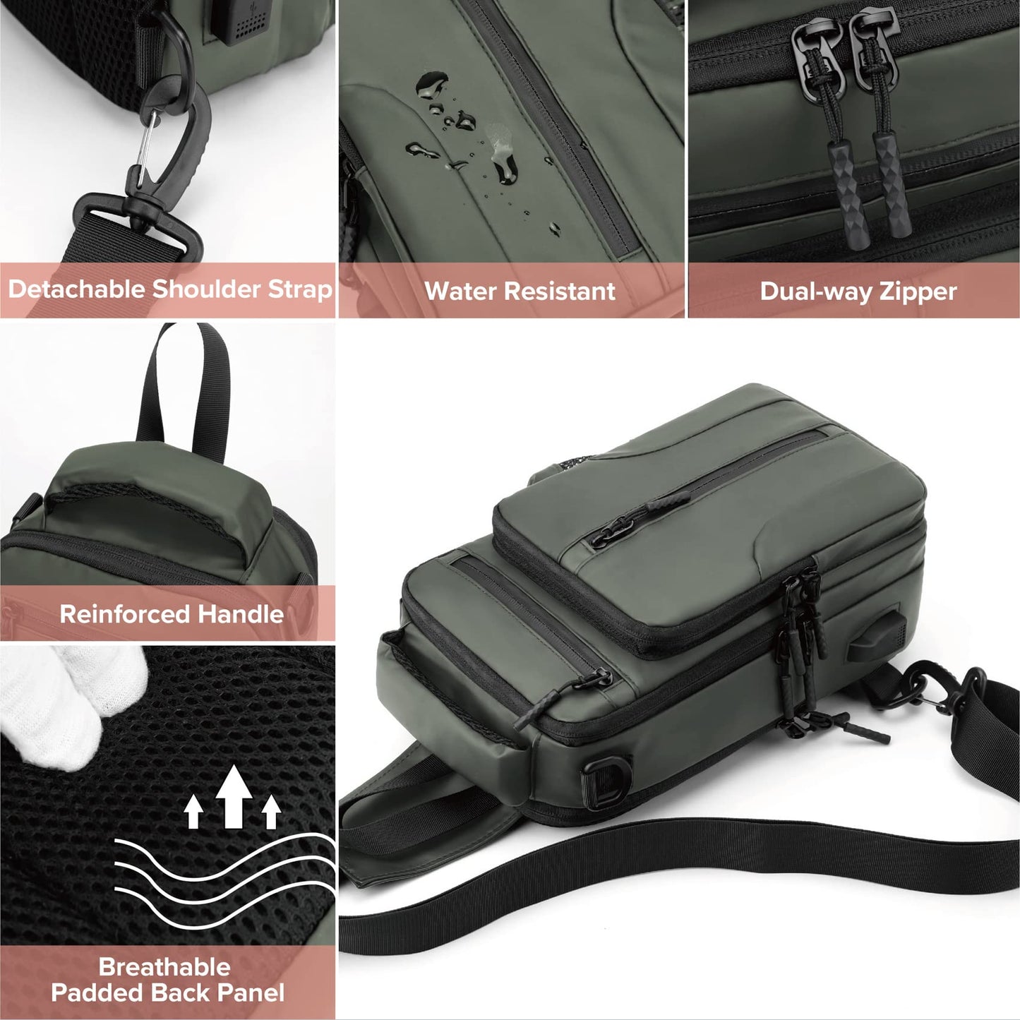Anti Theft Crossbody Backpack Shoulder Sling Bag for Men Women Lightweight One Strap Motorcycle Messenger Bag Daypack for Cycling Hiking Walking Outdoor Sports Travel with USB Charger Port Army Green