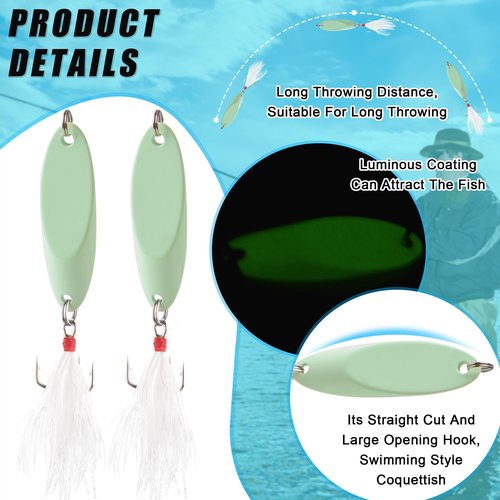 Spoon Lure Jigging Fishing Lures,6pcs Sinking Metal Luminous Spoon Lure Hard Bait Saltwater with Fishing Lure Treble Fishing Hooks for Salmon Bass Fishing Tackle Glow 7g-6pcs