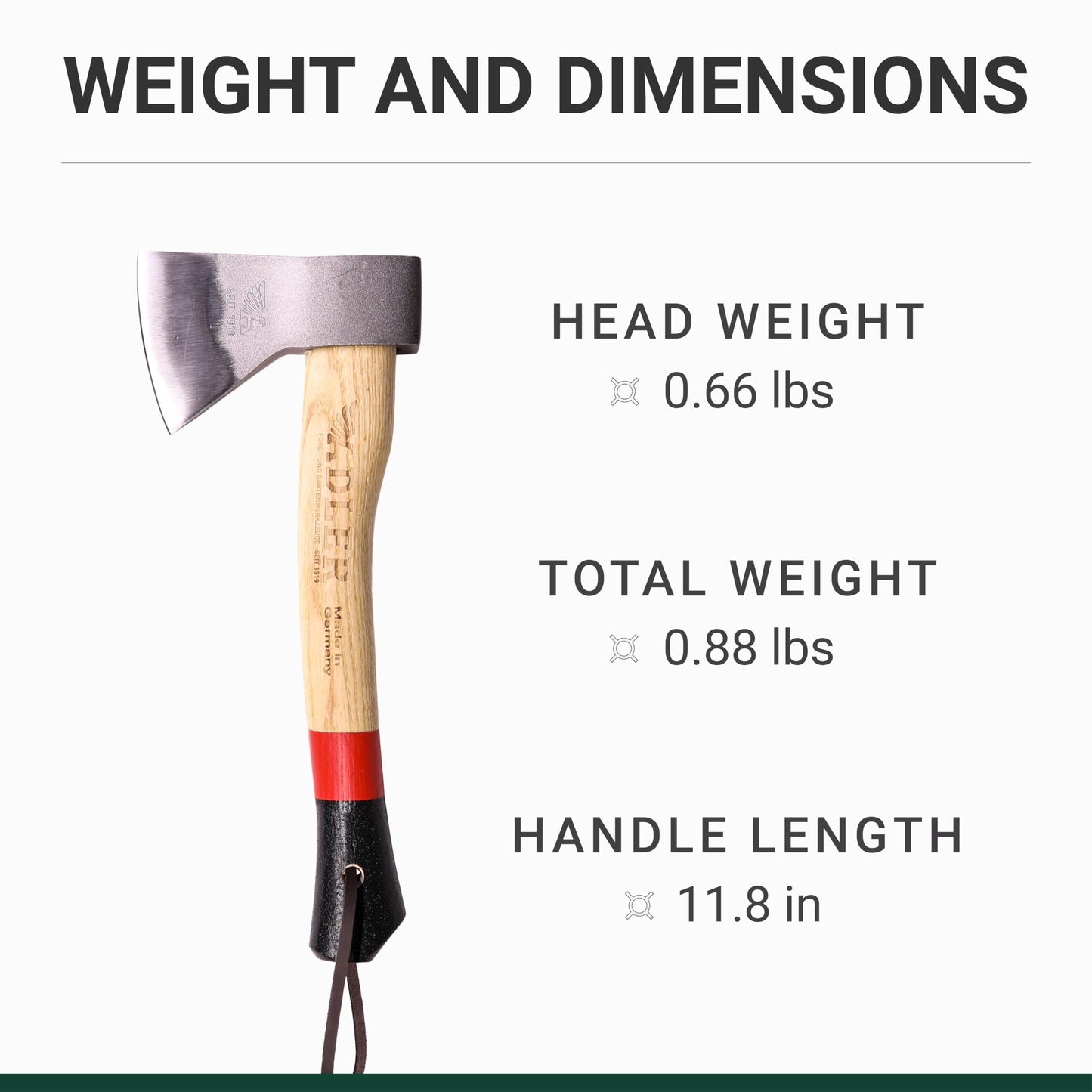 Adler The Scout Hatchet - Compact German Made Camping & Backpacking Hatchet, 11.8" Ash Handle with Anti-Slip Grip, 0.88 lb Lightweight Design, Premium Leather Sheath (Red Stripe)