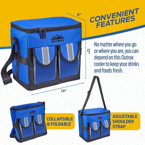 Black Padded Insulated Cooler – 30 Can Capacity - Soft Collapsible Leak Proof Tote for Camping, Picnics and Travel – Large Main Compartment, 2 Front Pouches, Handle and Shoulder Strap - Outrav