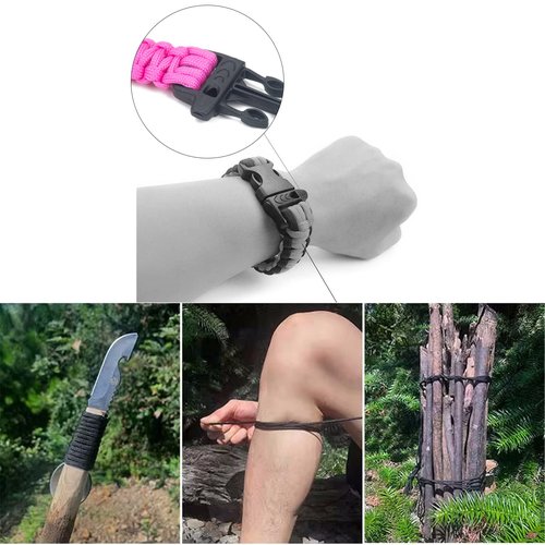 WildWave Paracord Survival Bracelets - Set of 2 - Easy To Open Clasp with Emergency Whistle Buckles (Pink)