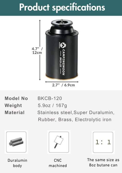 CAMPINGMOON Butane Stove Adapter w/Cassette Gas Can Shape for Standard Camping Canister with EN417 Lindal Valve Small Propane Tank Short Type BKCB-120