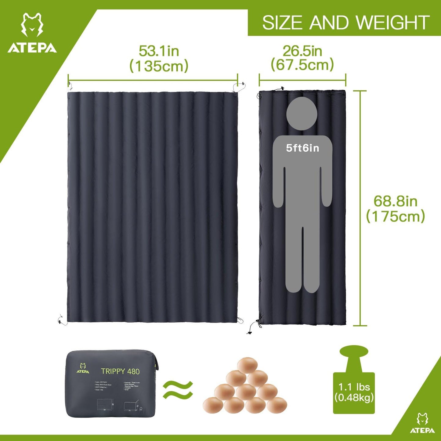 ATEPA 4-in-1 Multipurpose Warm Down Travel Camping Blanket Quilt, Packable Lightweight Waterproof Wearable Compact Blanket for Backpacking, Hiking, Grass, Outdoor, 70 × 53 inch