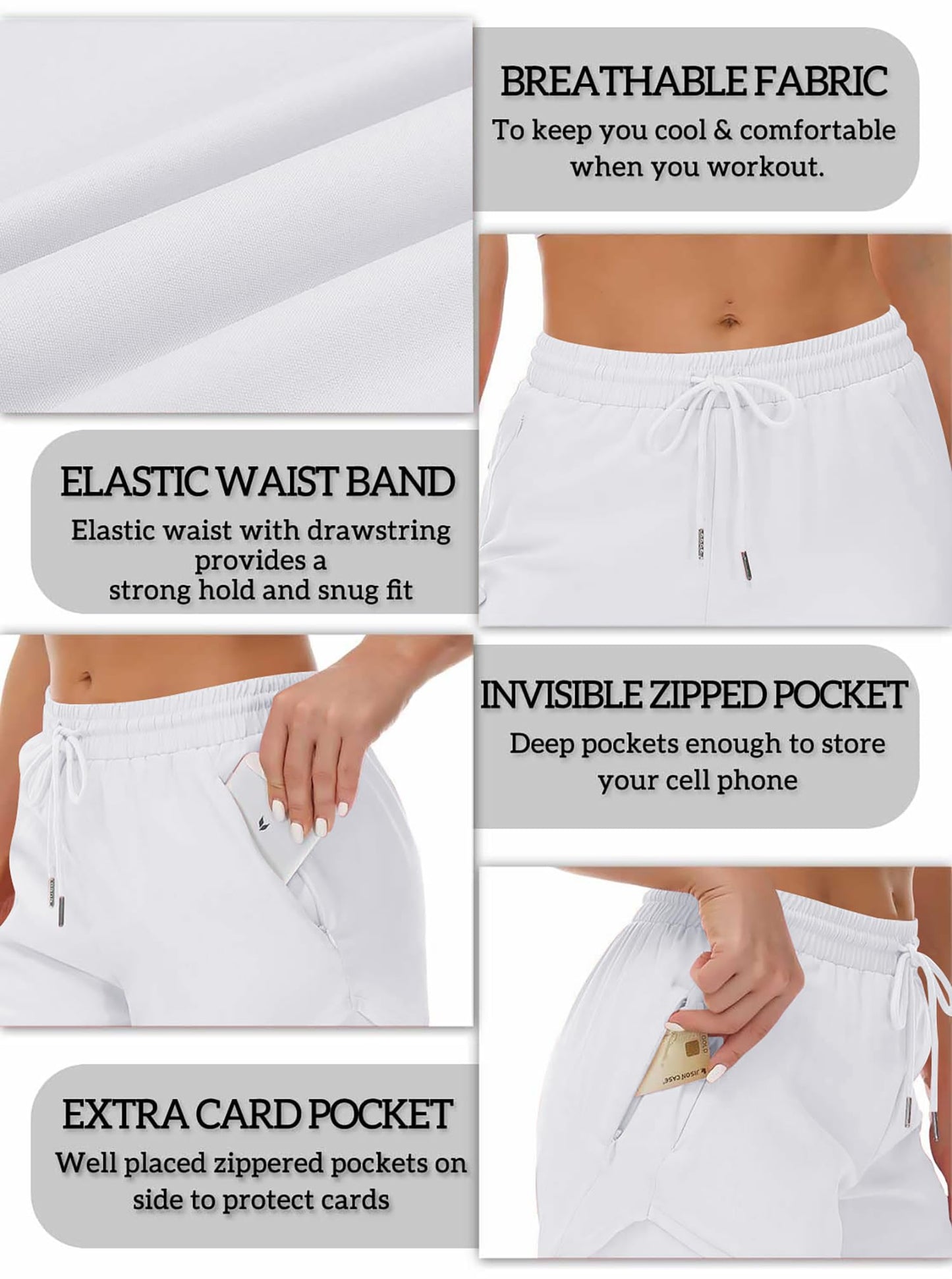 Mancreda Women's Running Shorts with Liner 3 Zipper Pockets Elastic Workout Athletic Gym Yoga Shorts(WH,S) White