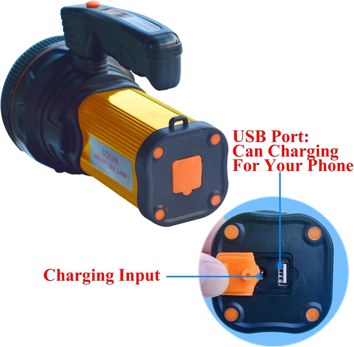 Super Bright Torch Searchlight Handheld Portable LED Spotlight USB Rechargeable Flashlight for Mining,Camping, Hiking, Fishing