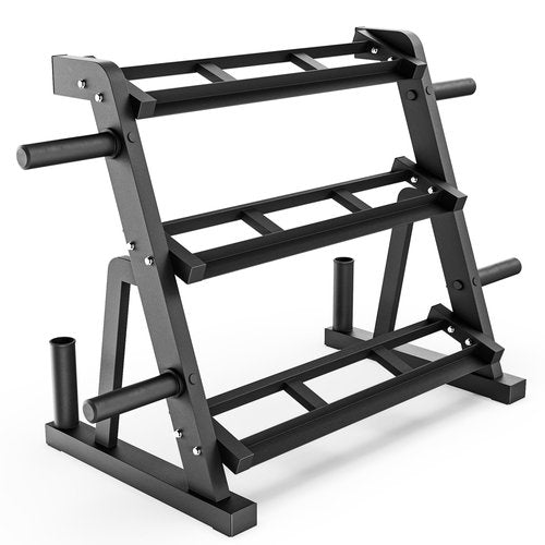 Synergee 3-Tier Dumbbell Storage Rack with 2 Barbell Holders and 4 Weight Plate Pegs – Holds 1" and 2" Weight Plates – All-in-One Home Gym Equipment Organizer