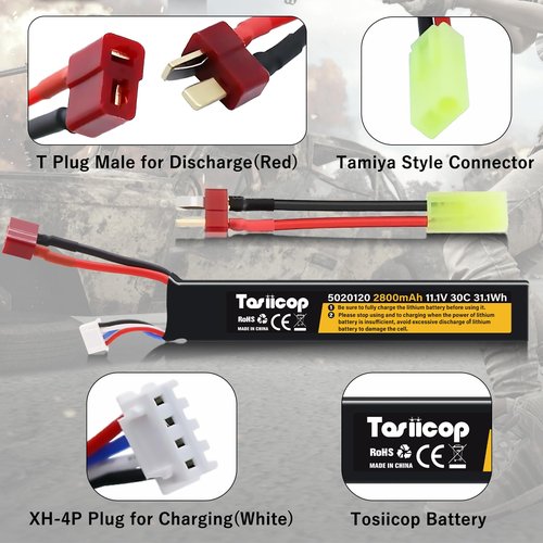Tosiicop 11.1V Airsoft Battery 2800mAh - Lipo Batteries 30C & XH-4P Connector with T Plug to Mini Tamiya Conversion Cable Rechargeable USB Charger for Airsoft Model Rifle Gel Blaster Accessories
