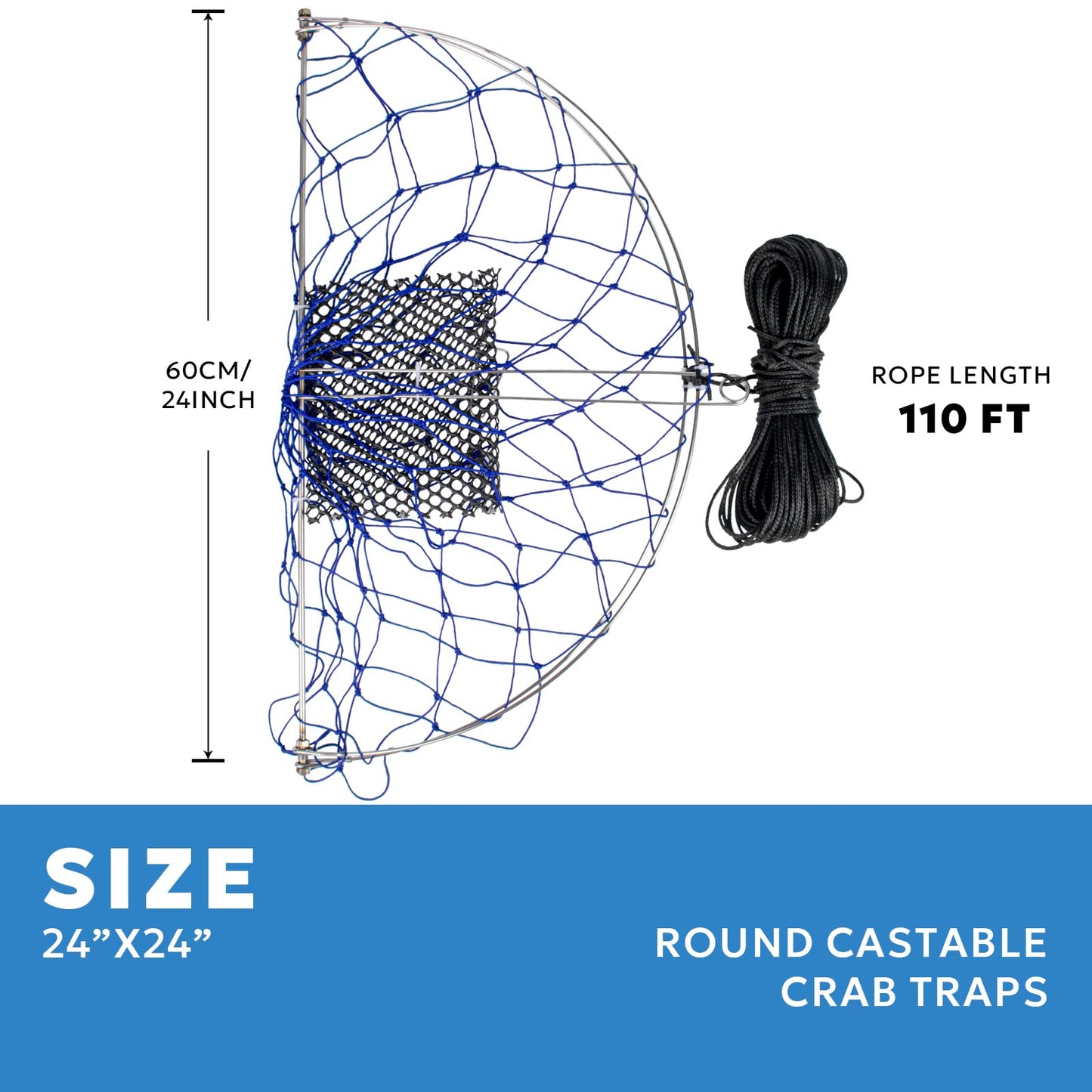 A1FISHER 2 Packs Round Castable Crab Traps Dia 24’’ with 110' Rope, PVC Mesh Bait Bag and Stainless Steel Bait Pin Kit