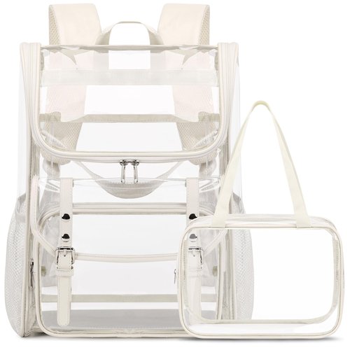 DIGOBAY Clear Backpack with Lunch Bag Set, Leather Clear Backpack Heavy Duty Thick PVC Bookbag Fashion See Through Transparent Backpacks with Support Pad for College Travel Work Beige