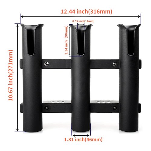 BigTron Fishing Rod Holder Bracket, Tube 3 Rod Rack, Fishing Rod for Boat Kayak Garage Storage or Truck with Screws Side-Mount (Black) (2)
