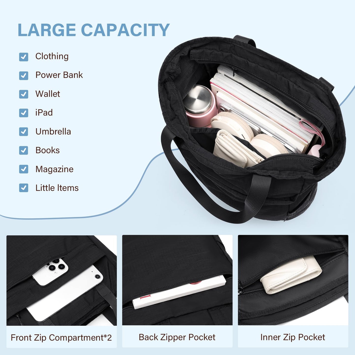 GOLF SUPAGS Foldaway Convertible Tote Backpack Lightweight Nylon Daypack Women Men City Pack Versatile Backpack Leisure, Black