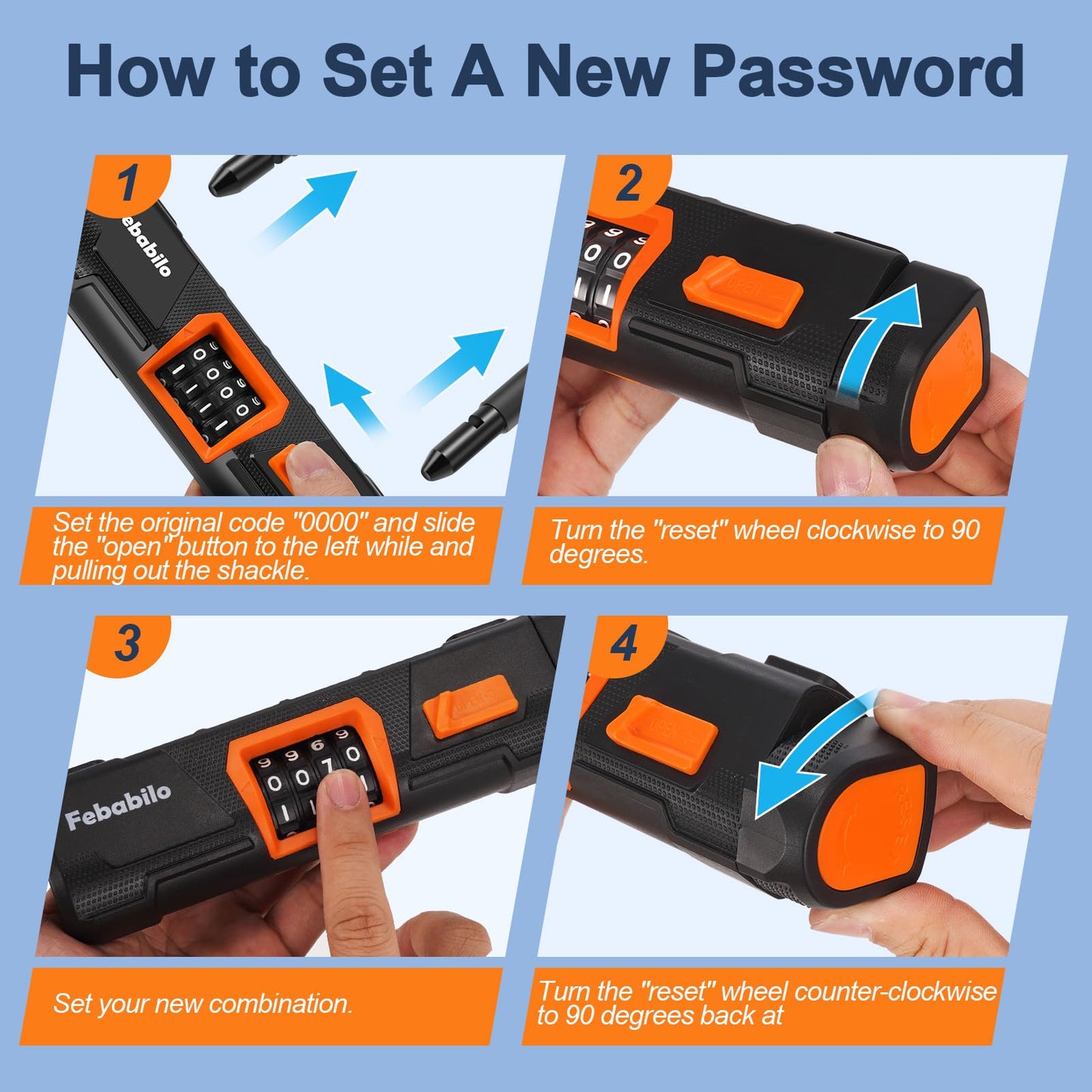 Febabilo Bike Locks Heavy Duty Anti Theft, Combo Bike U Lock, 4-Digit Resettable Combination E-Bike Large U Shaped Lock with 5Ft Steel Cable for Electric Bike, Bicycle, Escooter, Motorcycle,Door