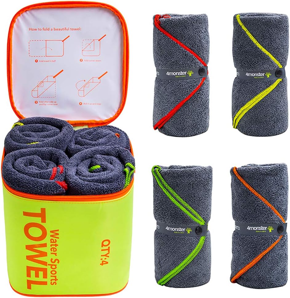 4Monster 4 Pack Microfiber Camping Towel Quick Dry, Super Absorbent Travel Towel with Waterproof Bag, Lightweight Boat Towel for RV, Sport, Gym, Beach, Pool, Swim,Family Trip