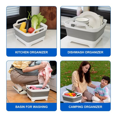 Collapsible Dish Basin 2.4Gal/9L, Foldable Kitchen Sink Tub With Drain Plug,Wash Basin for Dishes,Fruits,Bottles,Space-Saving for RVs,Camping & Laundry(Gray)