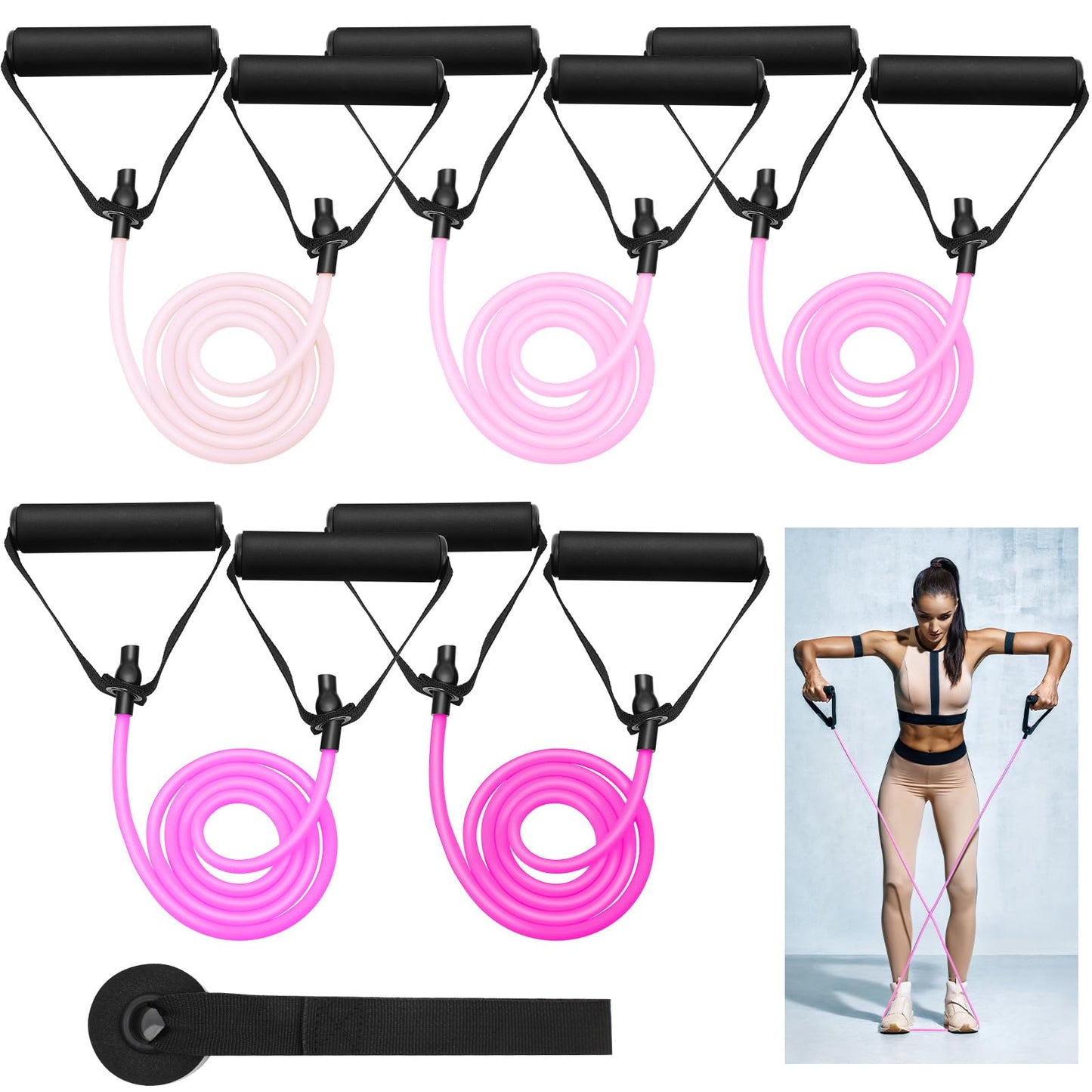 5 Pcs Exercise Resistance Bands with Handles Workout Bands Physical Resistance Tube Bands with Door Anchor for Men Women Muscle Toning Strength Training (Pink)