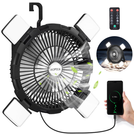 AGPTEK Portable Outdoor Fan - 8000mAh Rechargeable Battery with LED Light Lantern & Hook, Ideal for Picnics, BBQ, Fishing, Travel & Camping