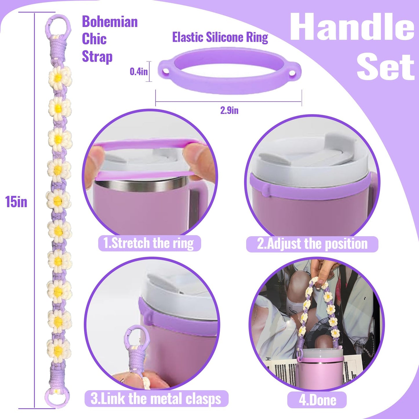 Fabenyok 8PCS Cup Accessories Set for Stanley 30oz & 40oz Tumbler, Including Water Bottle Handle Strap, Boot, Spill Stopper Set, Straw Straw Cover Cap for Stanley Cup Accessories(Purple)