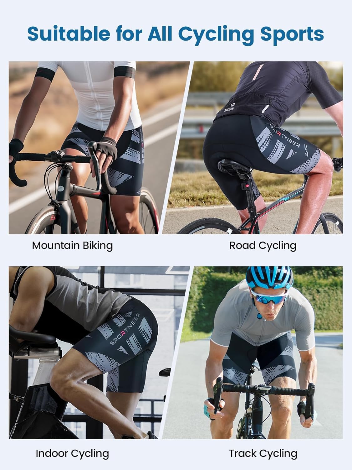 Sportneer Padded Bike Shorts for Men - 4D Padding Mens Bicycle Cycling Biking Clothing Shorts, Breathable and Absorbent