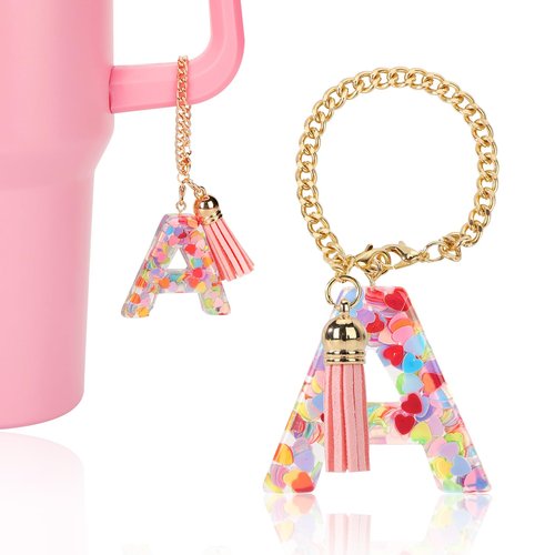 Eoopoon Letter Charm Accessories for Stanley Cup, Water Bottle Chain with Letter, Tassel Charm Compatible with 40oz Stanley Cup, Pink Cute Initial Keychain Handle Charm for Stanley Decor(Letter A)