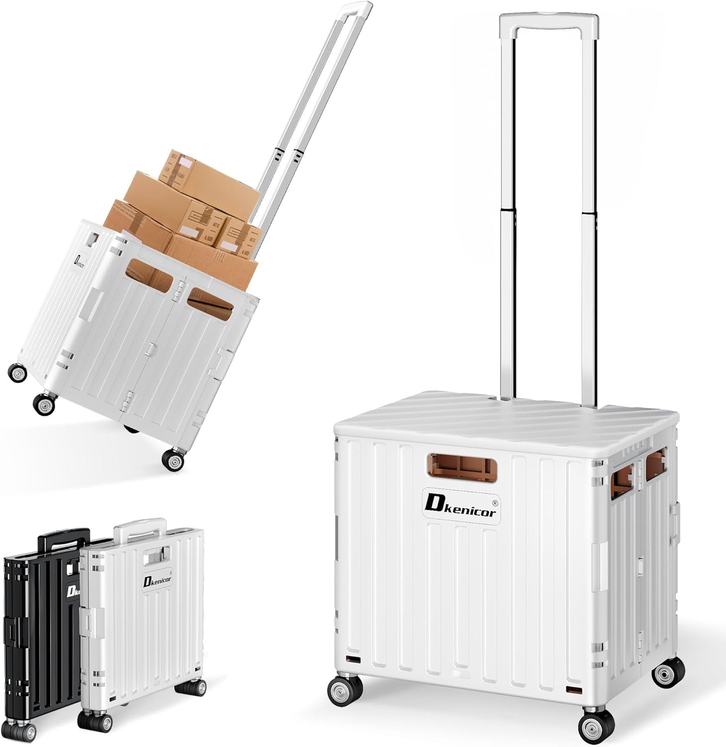 Folding Utility Cart with Lid, Portable Rolling Crate Handcart Collapsible Shopping Trolley, Durable Plastic Foldable Tool Basket with 4 Rotate Wheels for Grocery, Office, Luggage, School - White