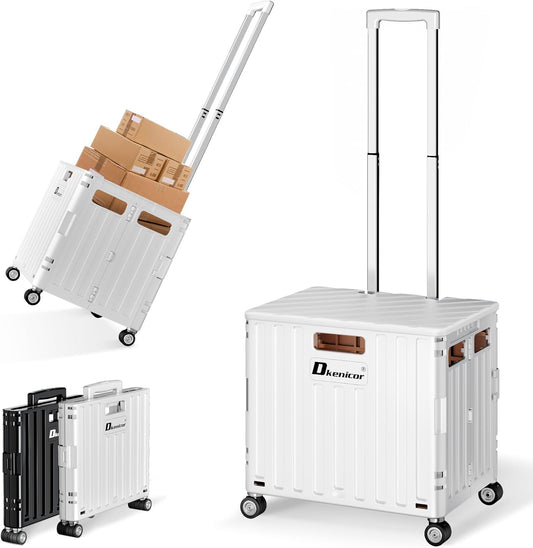 Folding Utility Cart with Lid, Portable Rolling Crate Handcart Collapsible Shopping Trolley, Durable Plastic Foldable Tool Basket with 4 Rotate Wheels for Grocery, Office, Luggage, School - White