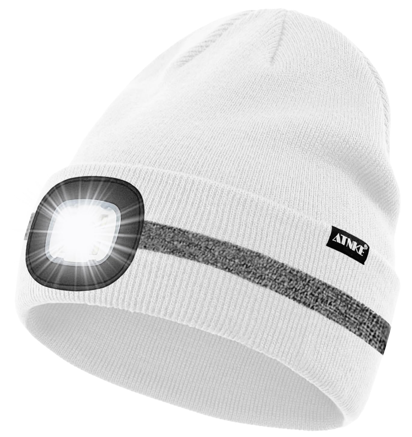 ATNKE LED Lighted Beanie Hat,USB Rechargeable 4 LED Run Headlamp with Reflective Stripe Cap Light Gift for Men and Women/#White