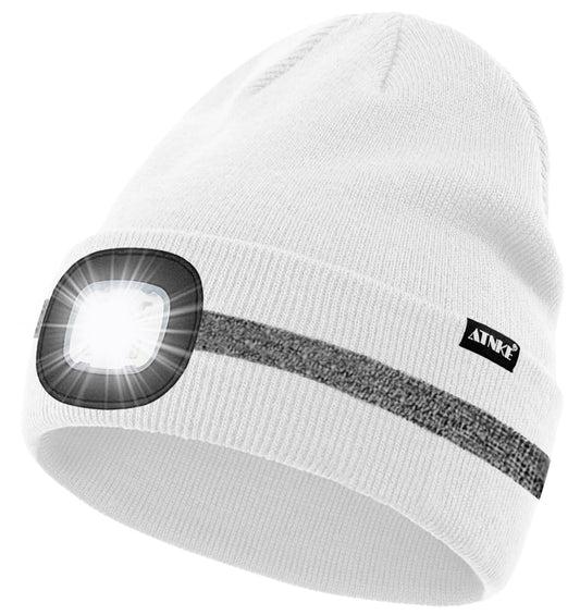 ATNKE LED Lighted Beanie Hat,USB Rechargeable 4 LED Run Headlamp with Reflective Stripe Cap Light Gift for Men and Women/#White