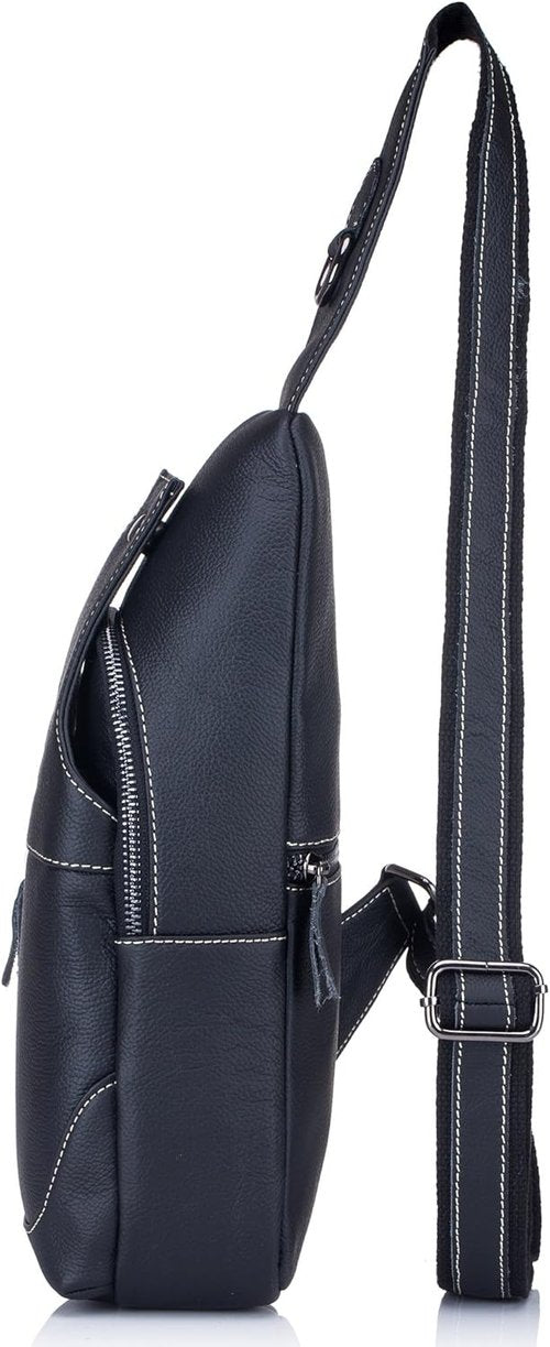 BULLCAPTAIN Genuine Leather Men Bags Shoulder Sling Crossbody Bag Casual Mens Chest Bag Travel Hiking Backpack (Black)