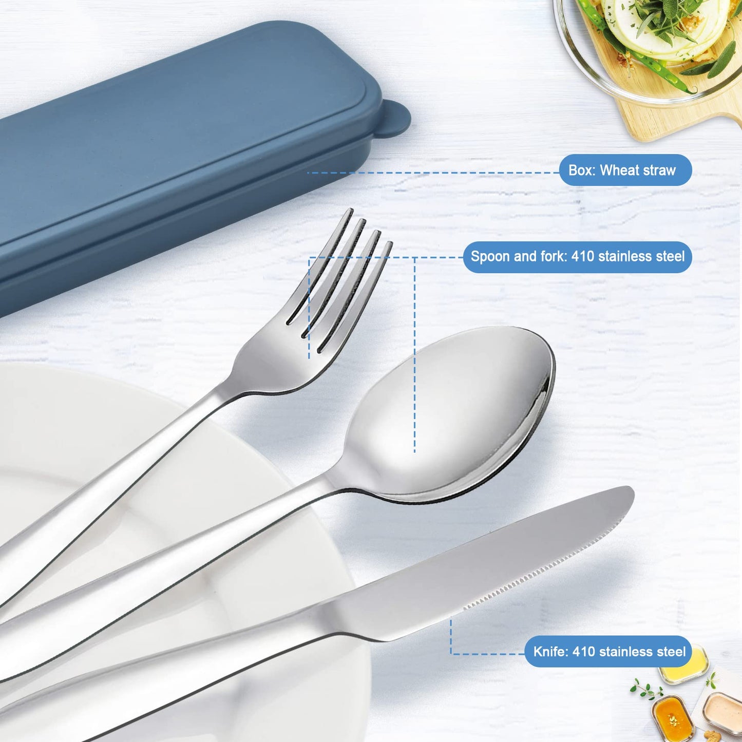 Travel Utensils With Case, Stainless Steel Silverware Set for Lunch Box, Portable Camping Cutlery Fork Spoon Knife, Reusable Utensil Set Flatware for Picnic School, Dishwasher Safe (Blue)