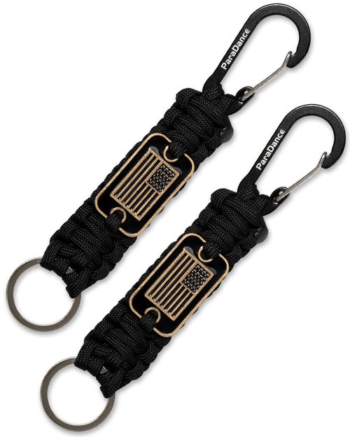 Paracord Keychain Carabiner with Cool USA Flag Men/Women, Military Braided Key Chain with Hook Clip Ring, Heavy Duty Key Lanyard for Car Keys/Backpack, Camping Hiking, 2-Pcs (2 * Black)