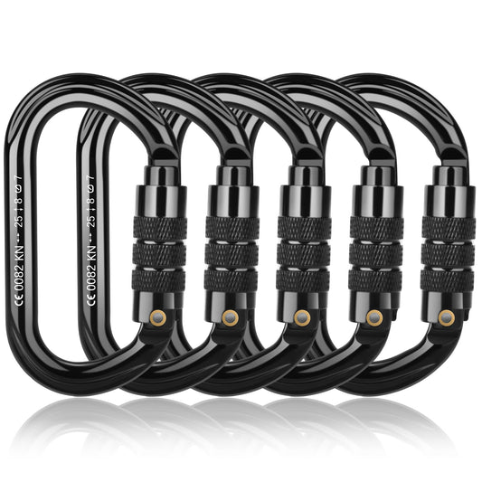 FVW CE Certified Auto Locking Climbing Carabiners, Professional 25KN (5620 lbs) Heavy Duty Caribeaners for Rappelling Swing Rescue & Gym etc, Large D-Shaped Carabiners, 5 Pack