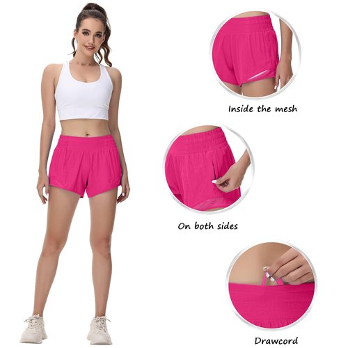 MCEDAR Women's Running Shorts High Waisted Lined 4"，Lightweight Active Workout Quick Dry Gym Athletic Sports Shorts Zip Pocket Hot Pink,6/S