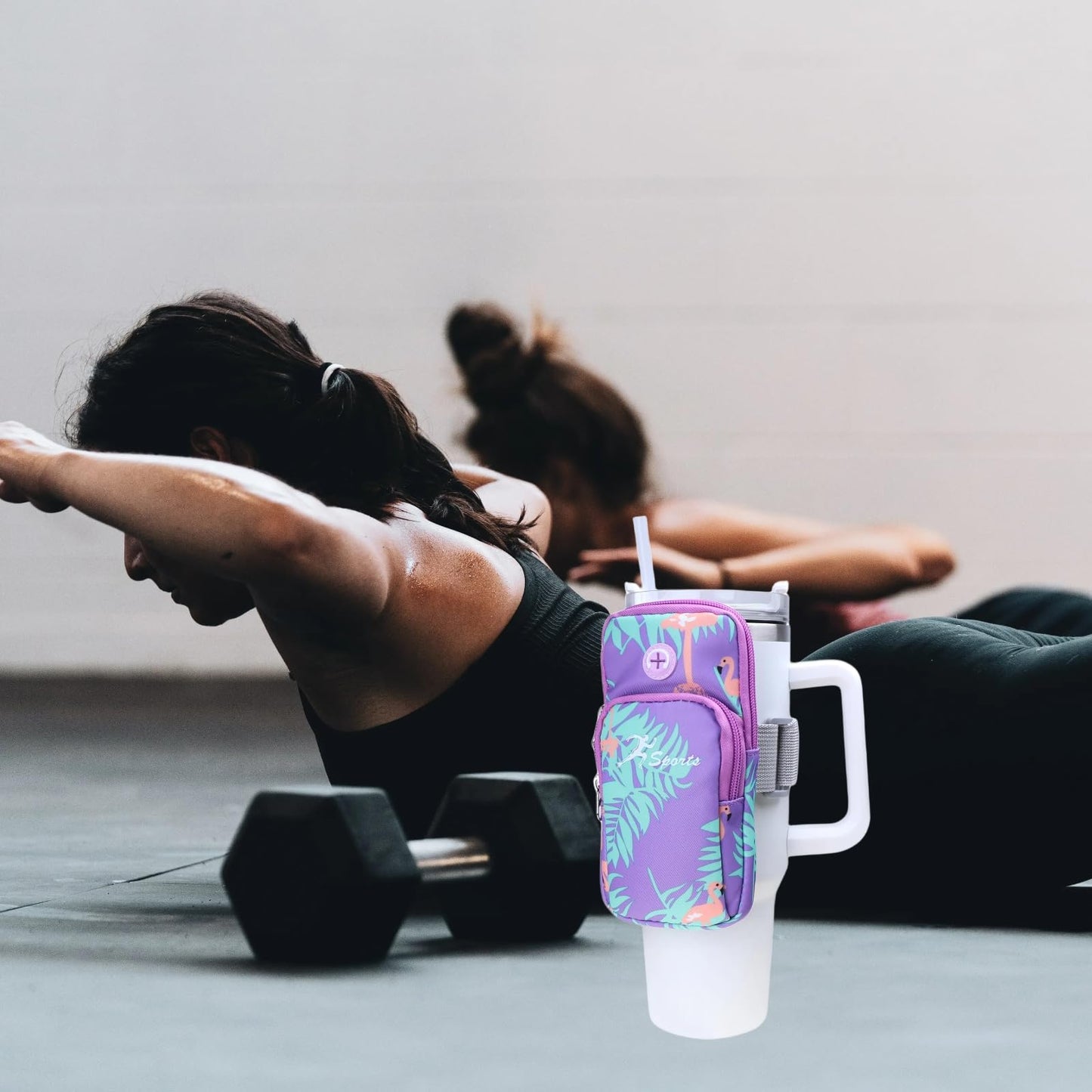 NELboNs Water Bottle Pouch Compatible with Stanley 18-40oz Tumblers Zipper Flamingo Pattern Pouch Bag for Gym Running Walking Armband to Hold Cellphone,Keys,Earphones,Chapstick or Cards,Purple/Large