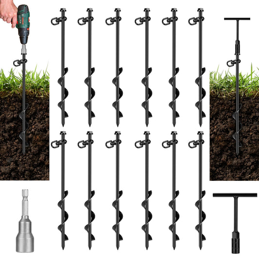 FAURIMMER 12 Pack Ground Anchor Heavy Duty Earth Anchors with T Handle Hex Wrench & Power Nut Driver, Metal Stakes Ground Anchors Screw in for Swing, Trampoline, Tents, Securing Animals