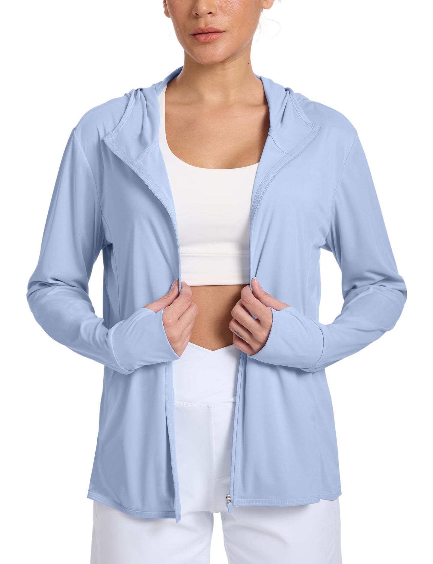 CHALLMOTI Women's Sun Protection Jacket Zip up Hoodie Lightweight Long Sleeve UV Cover Up Hiking Shirt UPF 50+ Light Blue XS