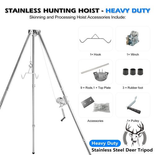 Deer Game Hoist Tripod Deer Hanger Stainless Steel Rack Stand for Hunting Processing Cleaning Hide Skinning with 500lb Capacity Gambrel and Manual Winch - Heavy Duty